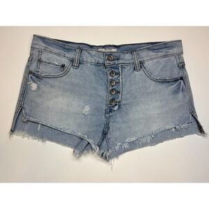 Free People Shorts 26 Blue Denim Cut Offs Button Fly Distressed Festival Boho